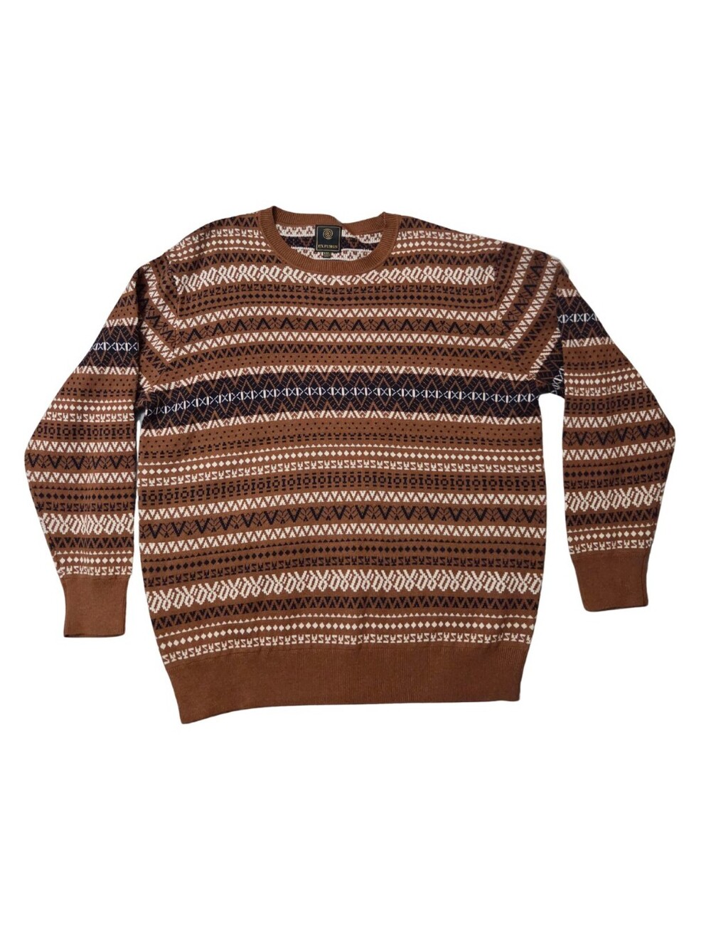F/X Fusion Fair Isle Sweater Mens 2XL Crewneck Brown Black Academia Preppy 80s